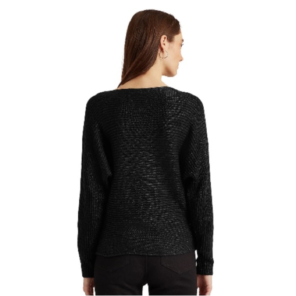 LAUREN Ralph Lauren Women’s XL Shiny Black Rib Knit Boat Neck Oversized Sweater - Picture 2 of 8